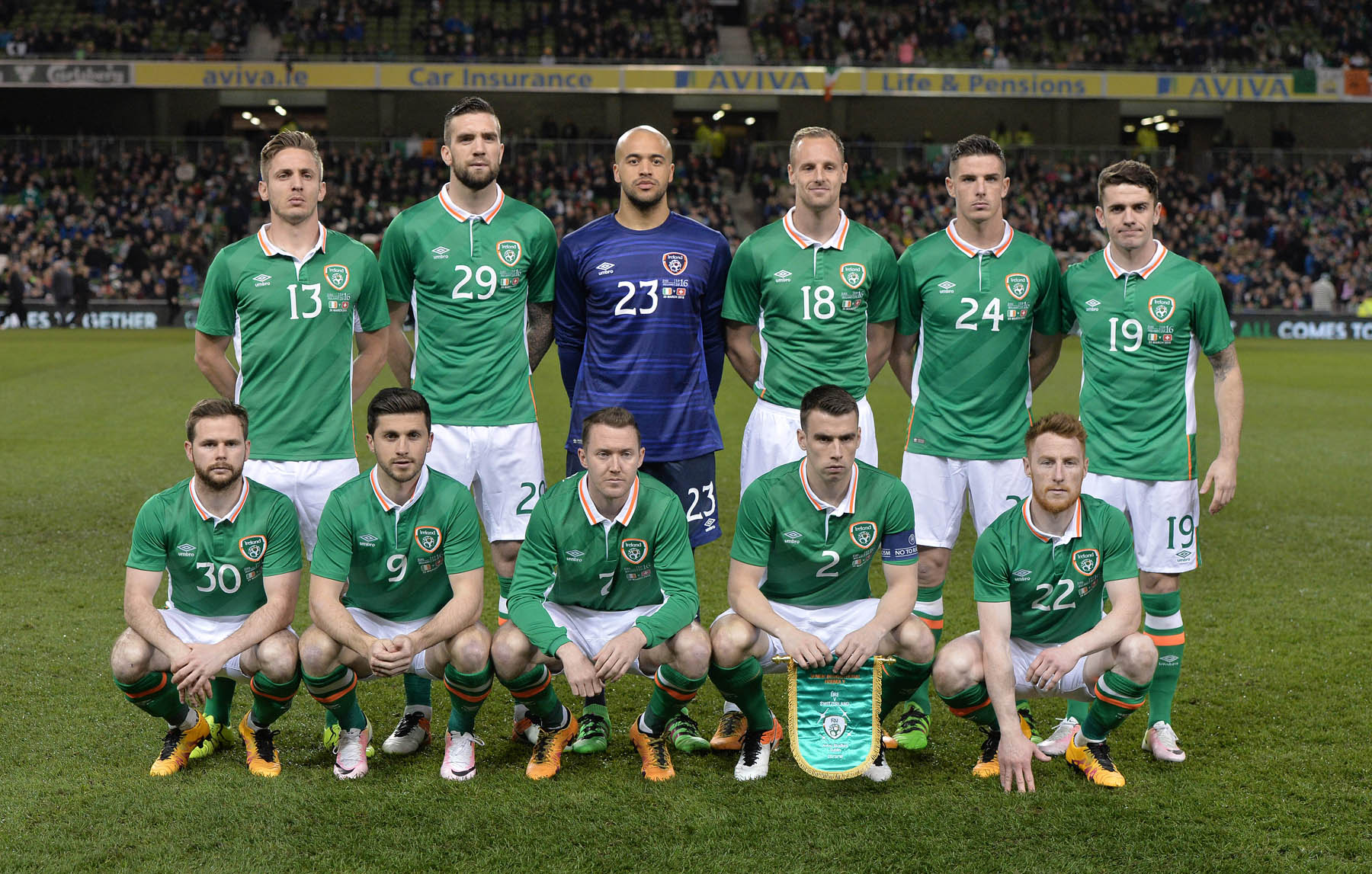 DUBLIN, IRELAND - MARCH 25: The Republic of Ireland team line up before the international friendly match between the Republic of Ireland and Switzerland at Aviva Stadium on March 25, 2016 in Dublin, Ireland. (Photo by Charles McQuillan/Getty Images)