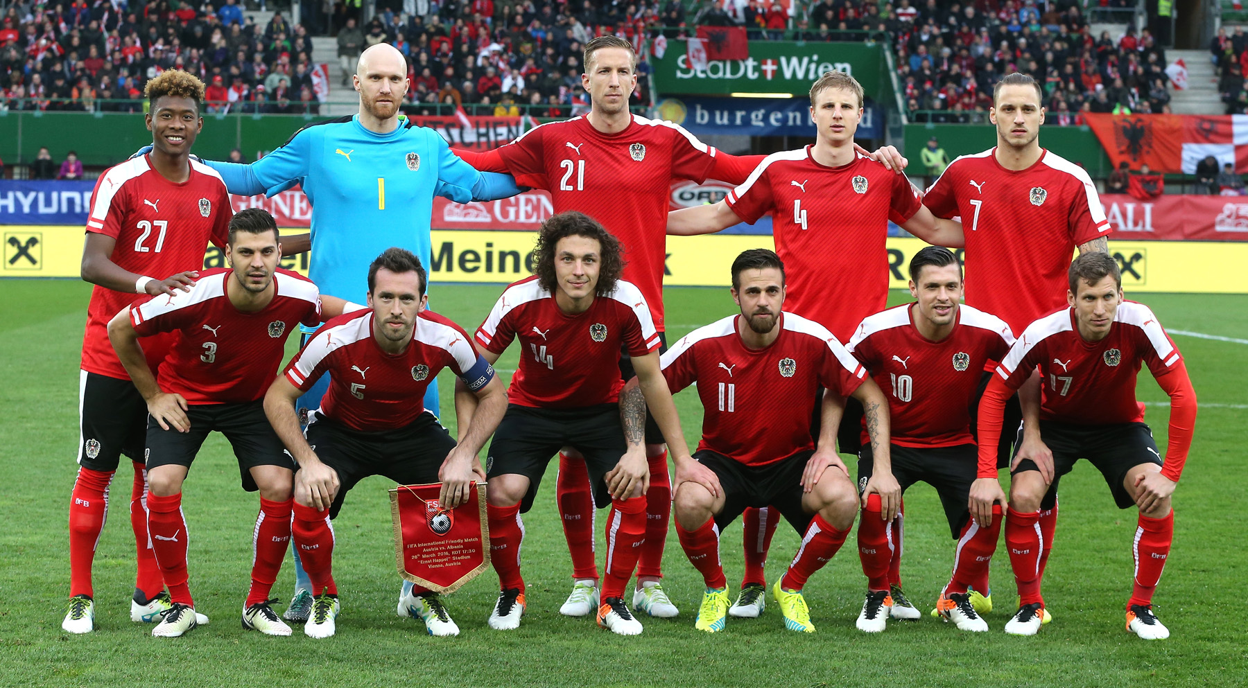 VIENNA, AUSTRIA - MARCH 26: The Austrian team pose for a team photograph during the international friendly match between Austria and Albania at the Ernst-Happel-Stadion on March 26, 2016 in Vienna, Austria. (Photo by David Rogers/Getty Images)
